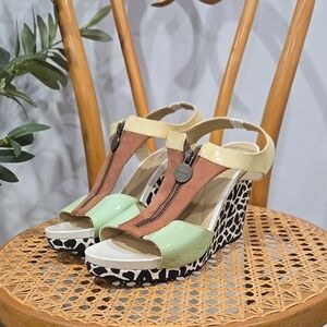 Geox Multicolor Wedge Sandals in Mint, Tan & Cream with Animal Print Wedge